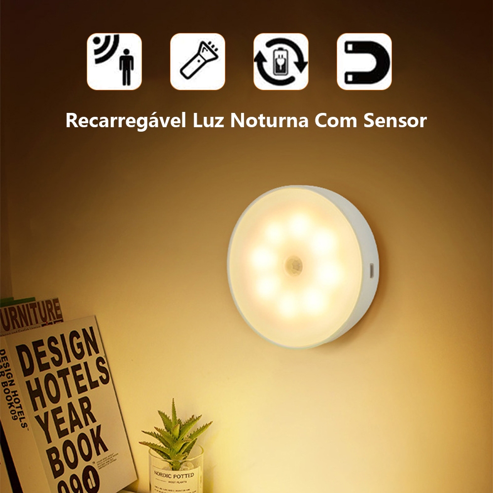Luminárias Luz Noturna LED Sem Fio Com Magnético Sensor Presença Recarregável Quente e Fria Lâmpada USB