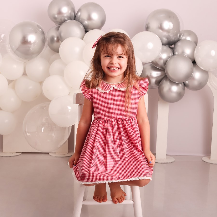 Vestido Bebê Menina Infantil Xadrez Vermelho Algodão Para Festas e Passeios com Detalhes em Renda