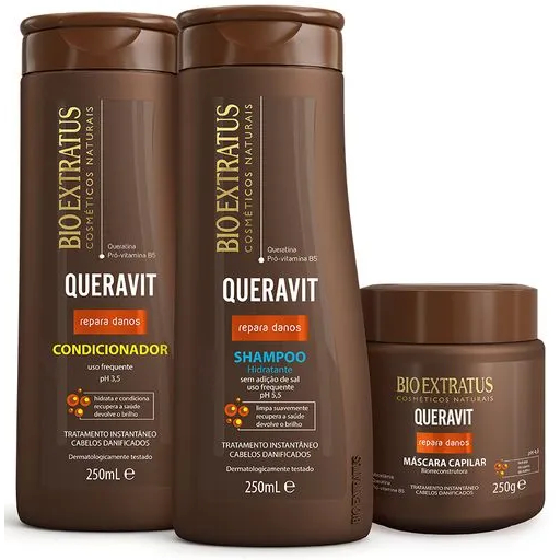 Kit Tratamento Instantaneo Cabelos Danificados Queravit Bio Extratus Shampoo, Condicionador 250ml e Máscara 250g