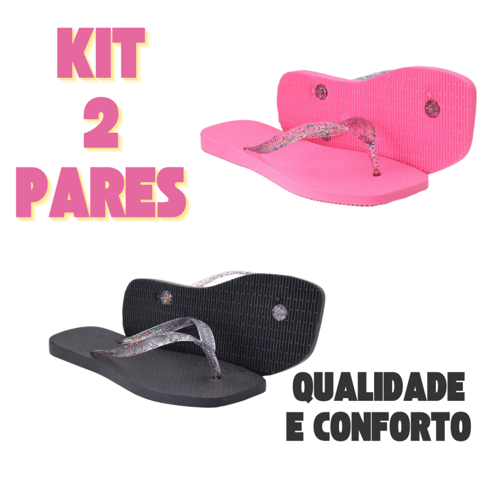 Kit Chinelo 2 pares sandália feminina Adulta Infantil 33 ao 40  gliter envio rápido