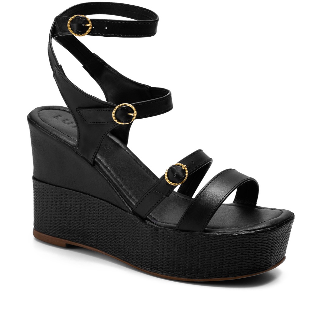 Sandália Feminina Lumiss Juta Fivelas Anabela Plataforma Confortável Alta Preto