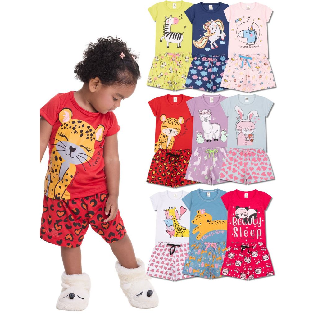 Kit 6 Peças de Pijamas Curto Infantis para Bebê Meninas Confortáveis e Cheios de Estilo. em Oferta na Shopee