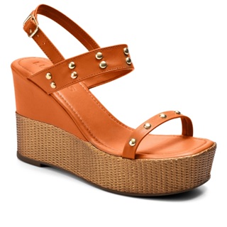 Sandália Feminina Lumiss Juta Tachas Anabela Confortável Plataforma Alta Caramelo em Oferta na Shopee