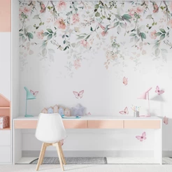 Papel De Parede Adesivo Floral Flores Rosas Suspensas Com Borboletas