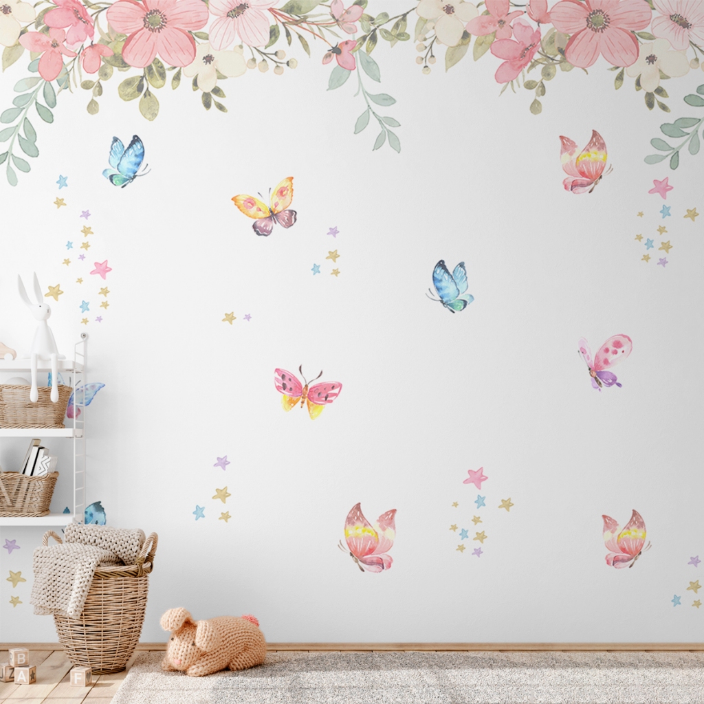 Papel de Parede Painel Floral Com Borboletas - Vinil Autocolante