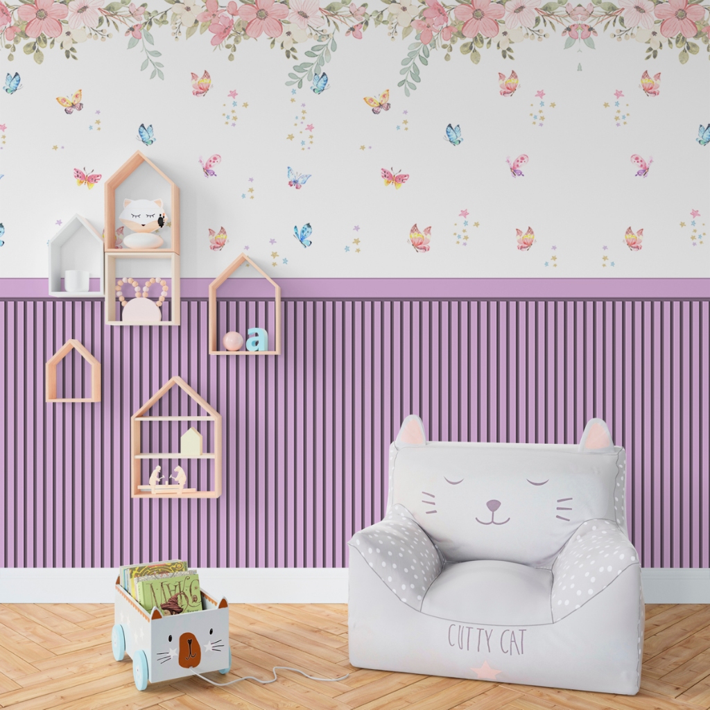 Papel De Parede Adesivo Ripado Floral Lilás Lavanda Com Borboletas - Vinil Autocolante em Oferta na Shopee