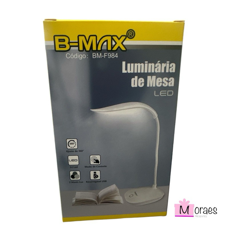 Luminária de Mesa Recarregável Touch Articulável 3 Níveis B-Max BM-F984