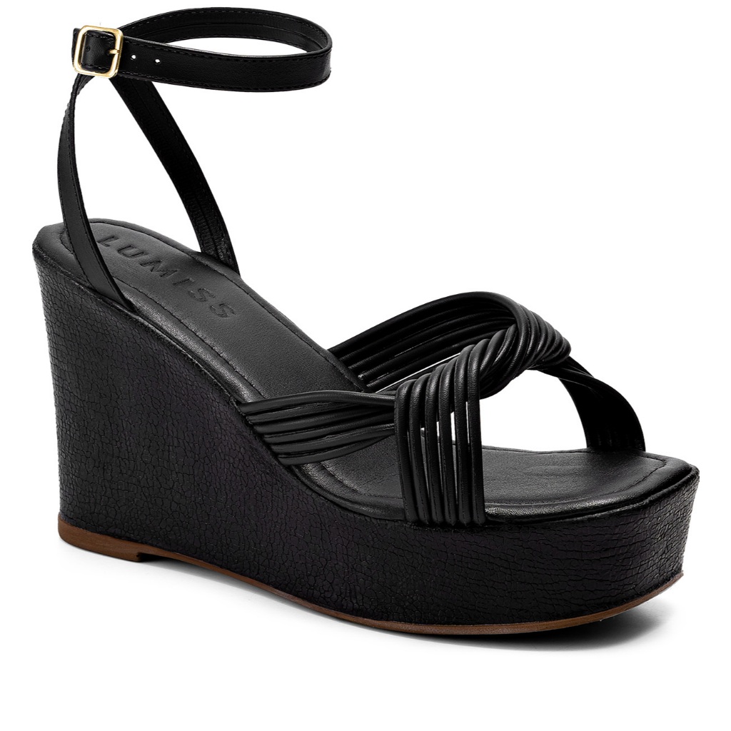 Sandália Feminina Lumiss Blogueira Tiras Nó Anabela Plataforma Confortável Preto em Oferta na Shopee