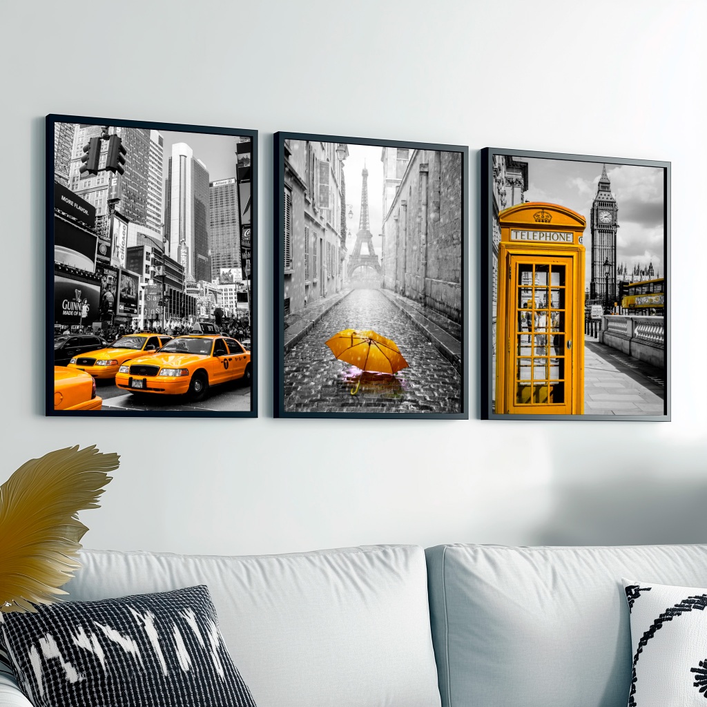 Kit 3 Quadros Decorativos Com Moldura De Madeira Para Sala Hall Quarto e Escritório