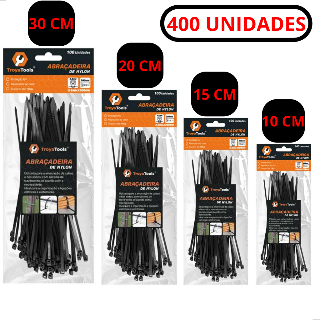 Kit 400 Abraçadeira Enforca Gato De Nylon 100mm x 2,5mm 150mm x 2,5mm 200mm x 2,5mm 300mm x 3,5mm