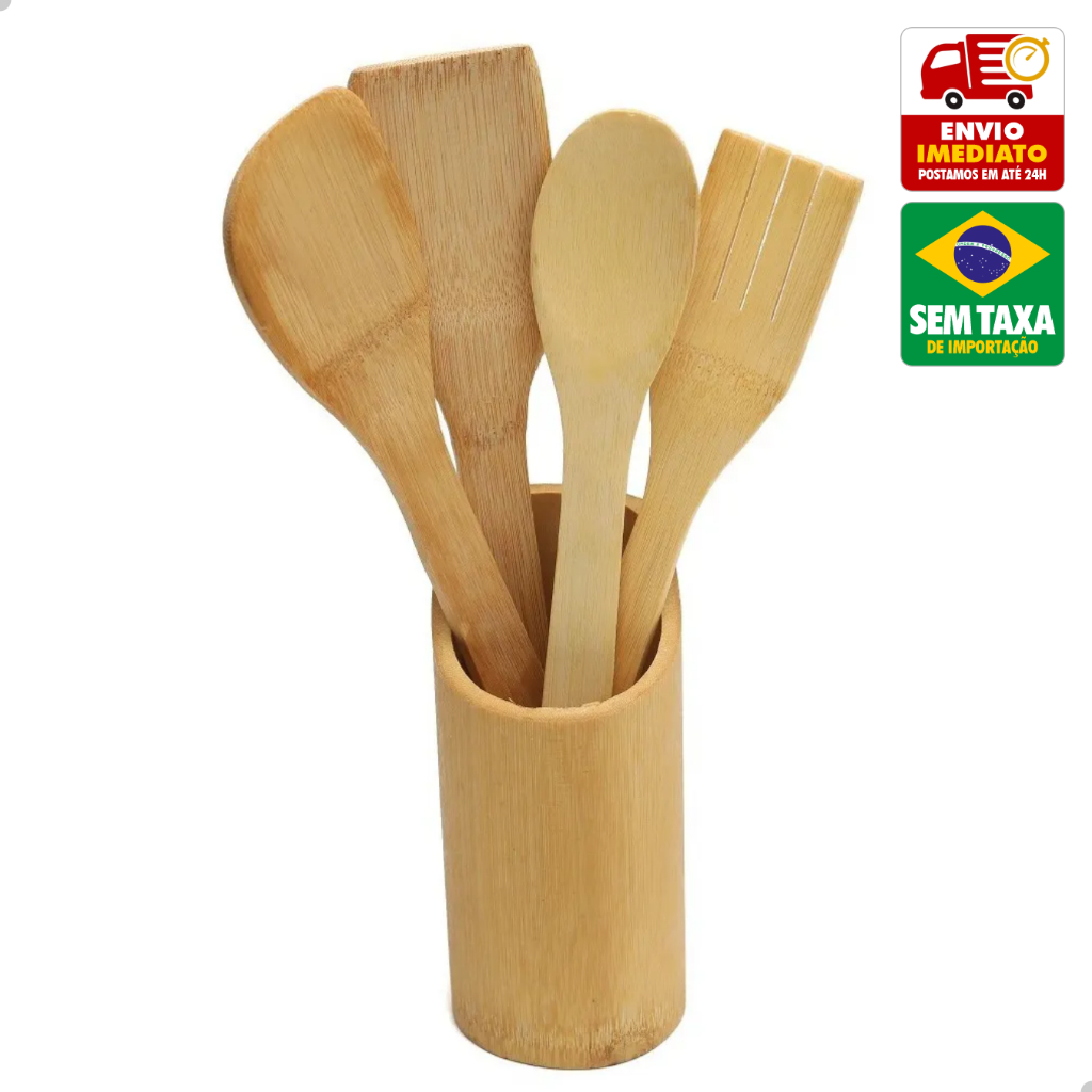 Kit Conjunto 4 Peças Utensílios Bambu Resistente Multiuso Casa Cozinha Suporte Bambu em Oferta na Shopee