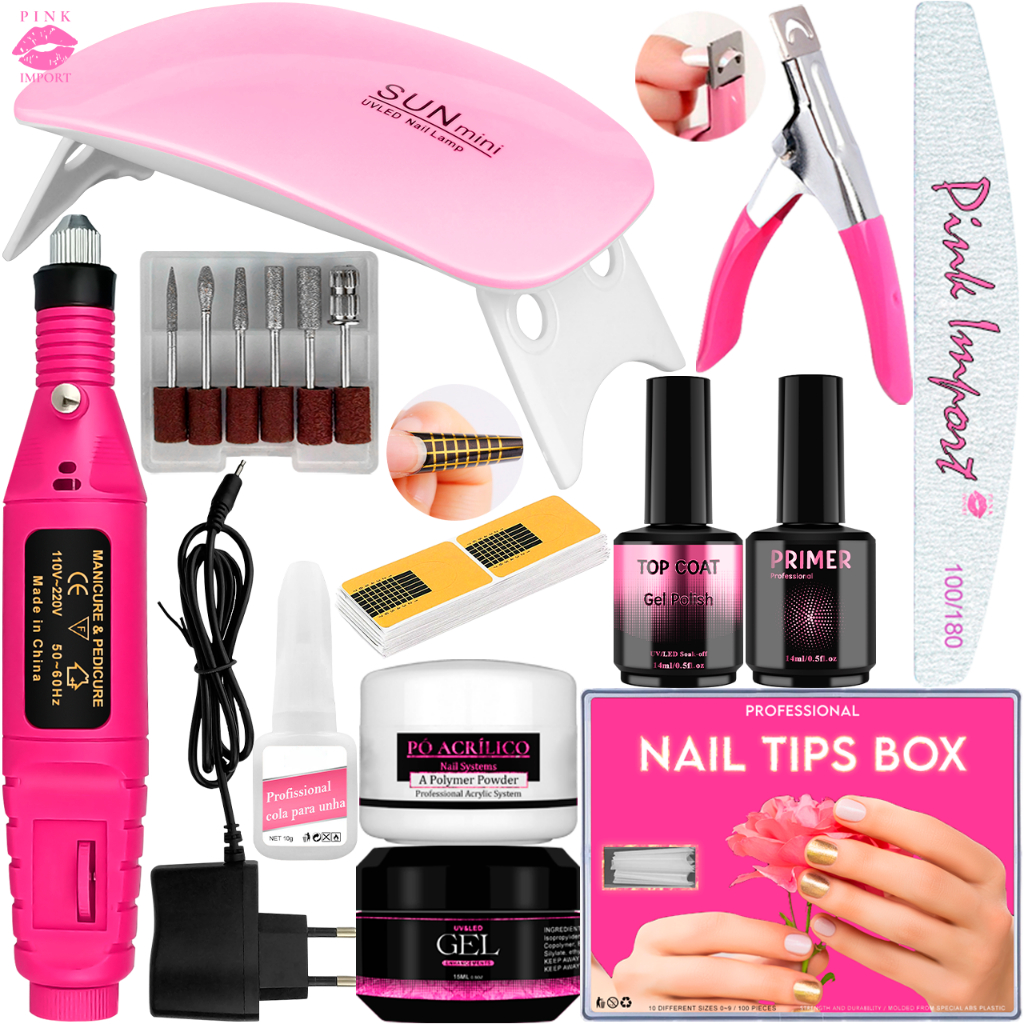 Kit Manicure Iniciante Completo Gel De Unhas Cabine Estufa Sun Mini + Lixadeira Eletrica de Unhas