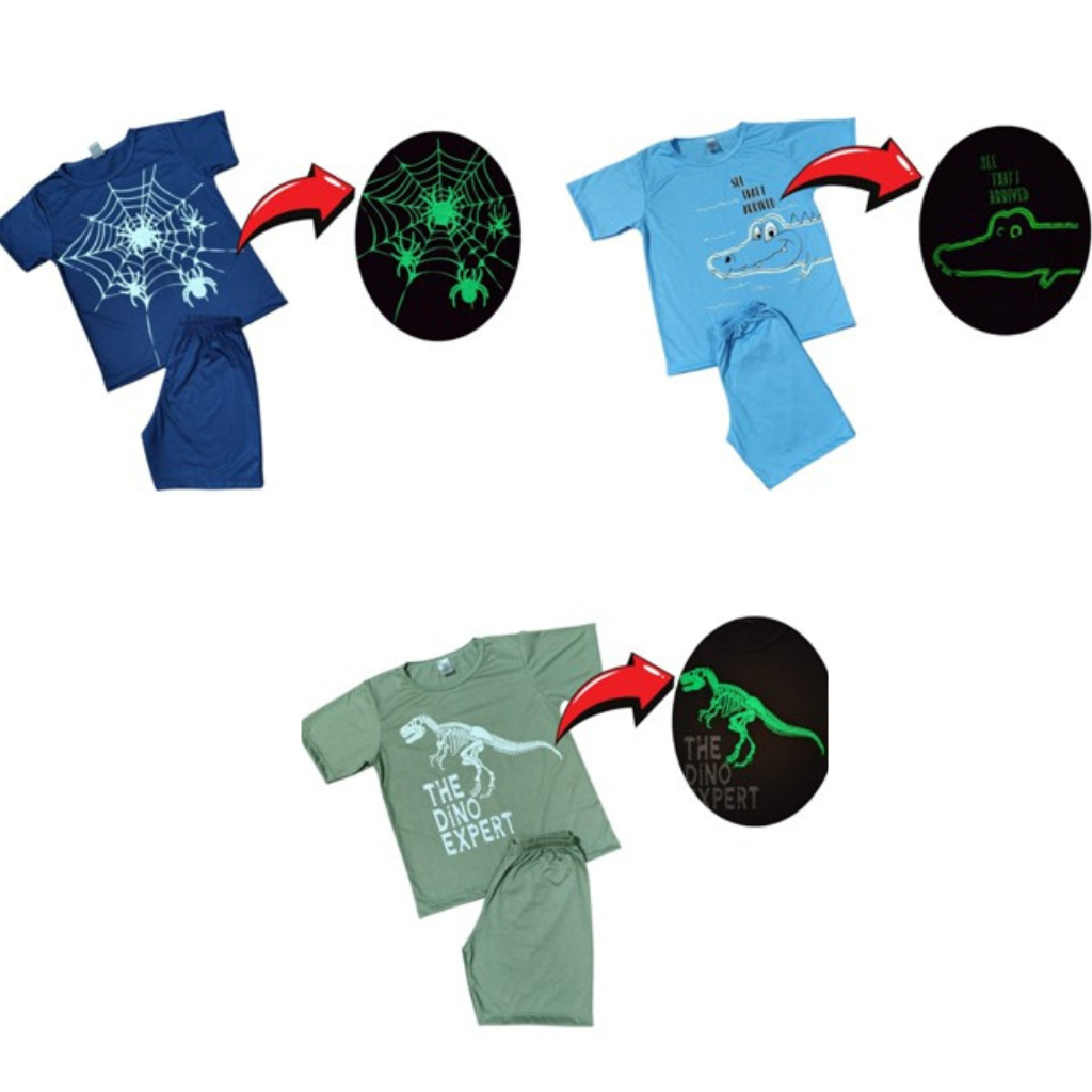 kit 3 Conjuntos Pijama de Verão Juvenil Infantil Menino Masculino e Menina Feminina que Brilha no Escuro do 01 ao 16