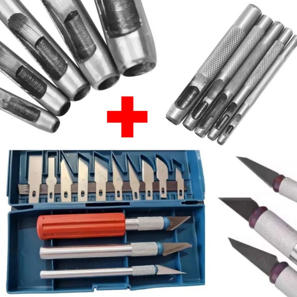 Kit 13 Cortador Bisturi Estilete + 5 Vazador Furador de couro Artesanato