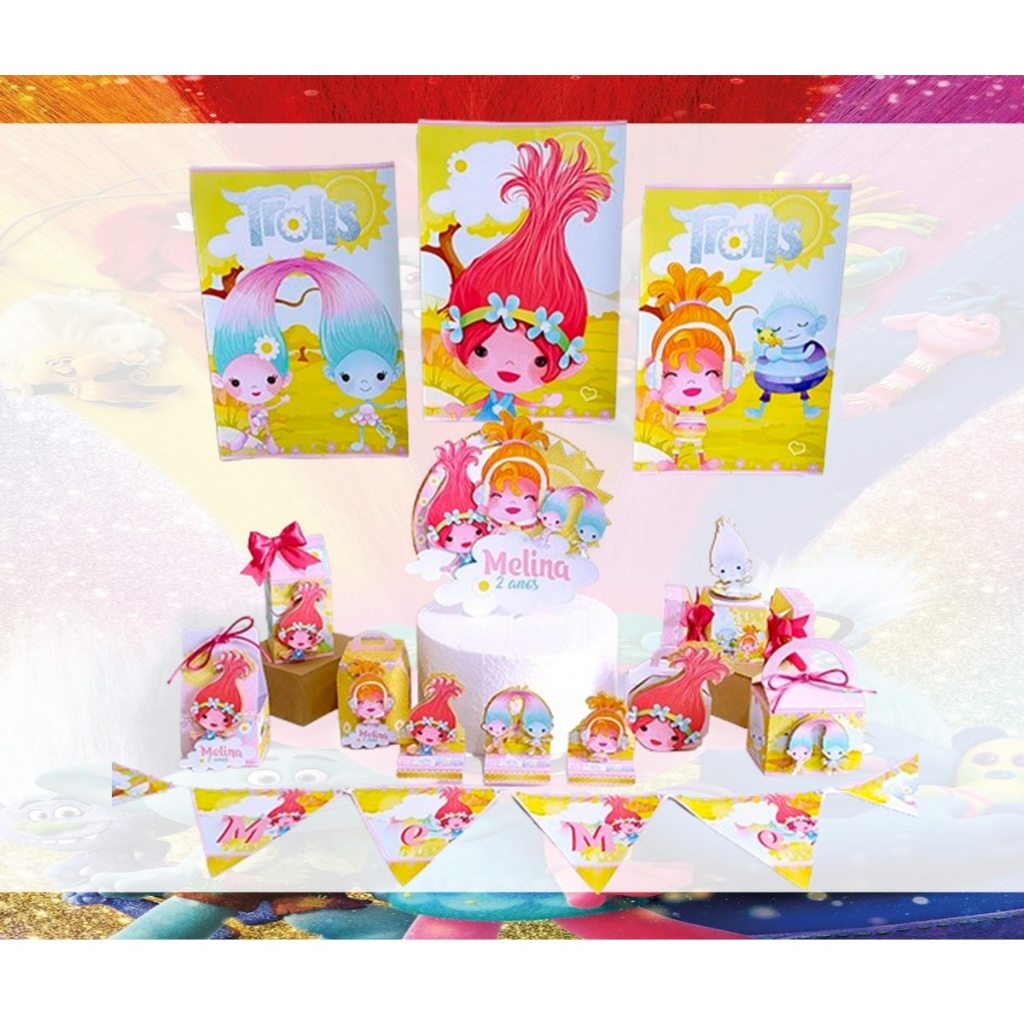 Kit festa decoração de aniversário Trolls lembrancinhas kit só um bolinho caixinhas Trolls personalizados trolls