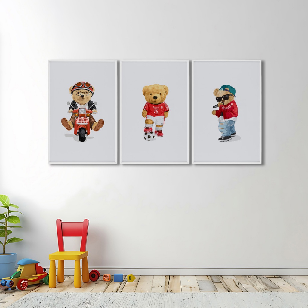Quadro Decorativo Infantil 3 Peças Aventuras do Ursinho Moto, Futebol e Estilo Moldura 50x75