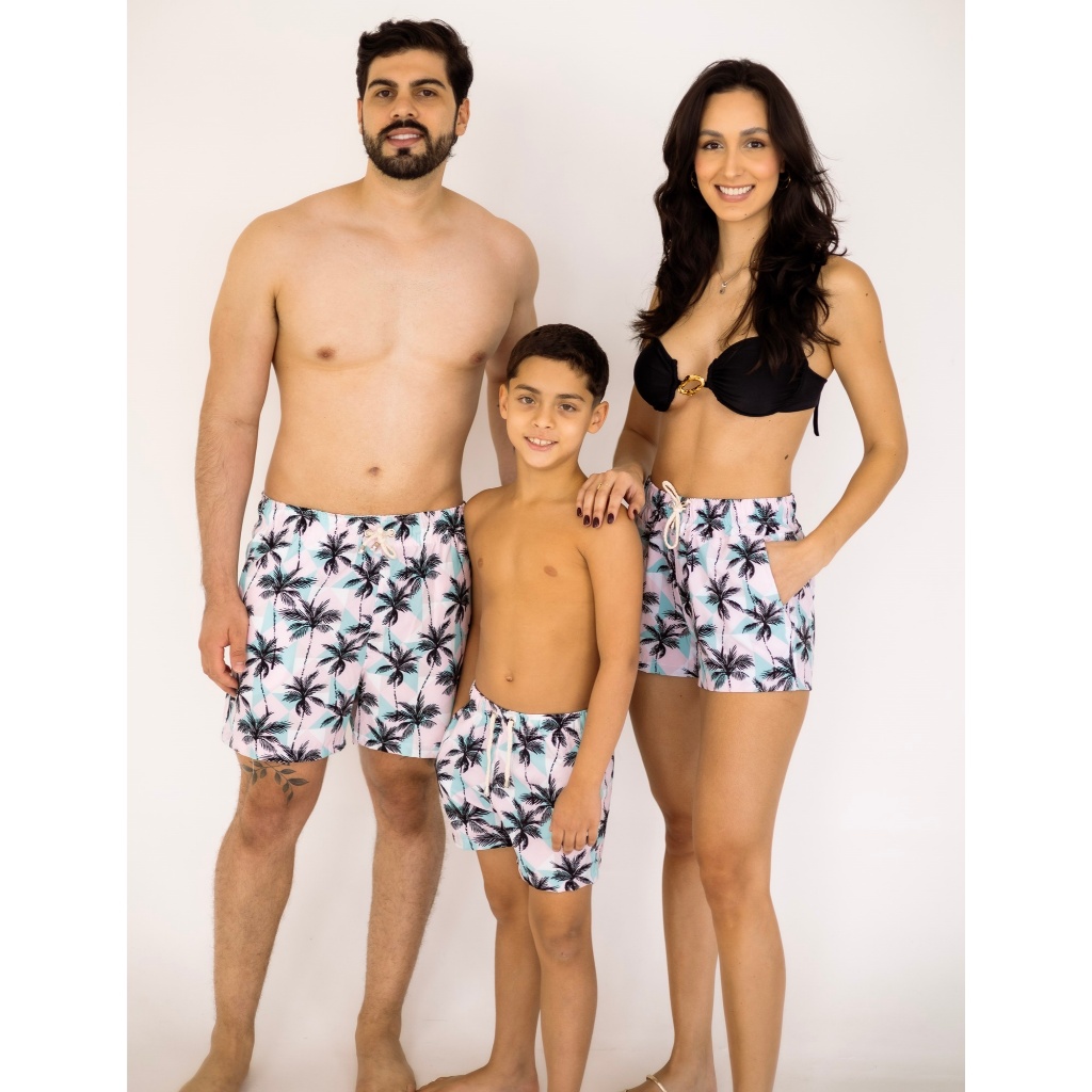 Kit 3 bermudas pai mãe e filho / filha família conjunto combinando shorts estampado coqueiro