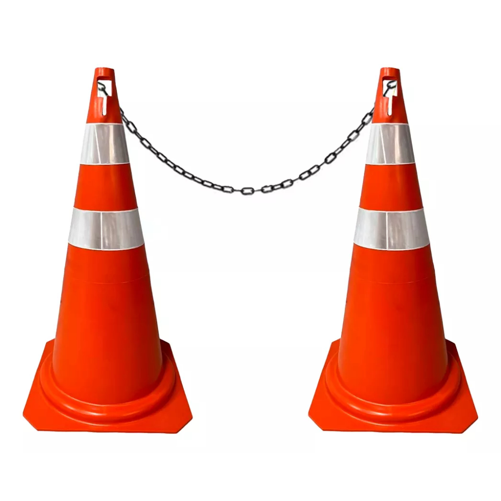 2 Cones De Sinalização Refletivo Rigido 75cm+2 Mts Corrente Demarcação Sinalização Segurança