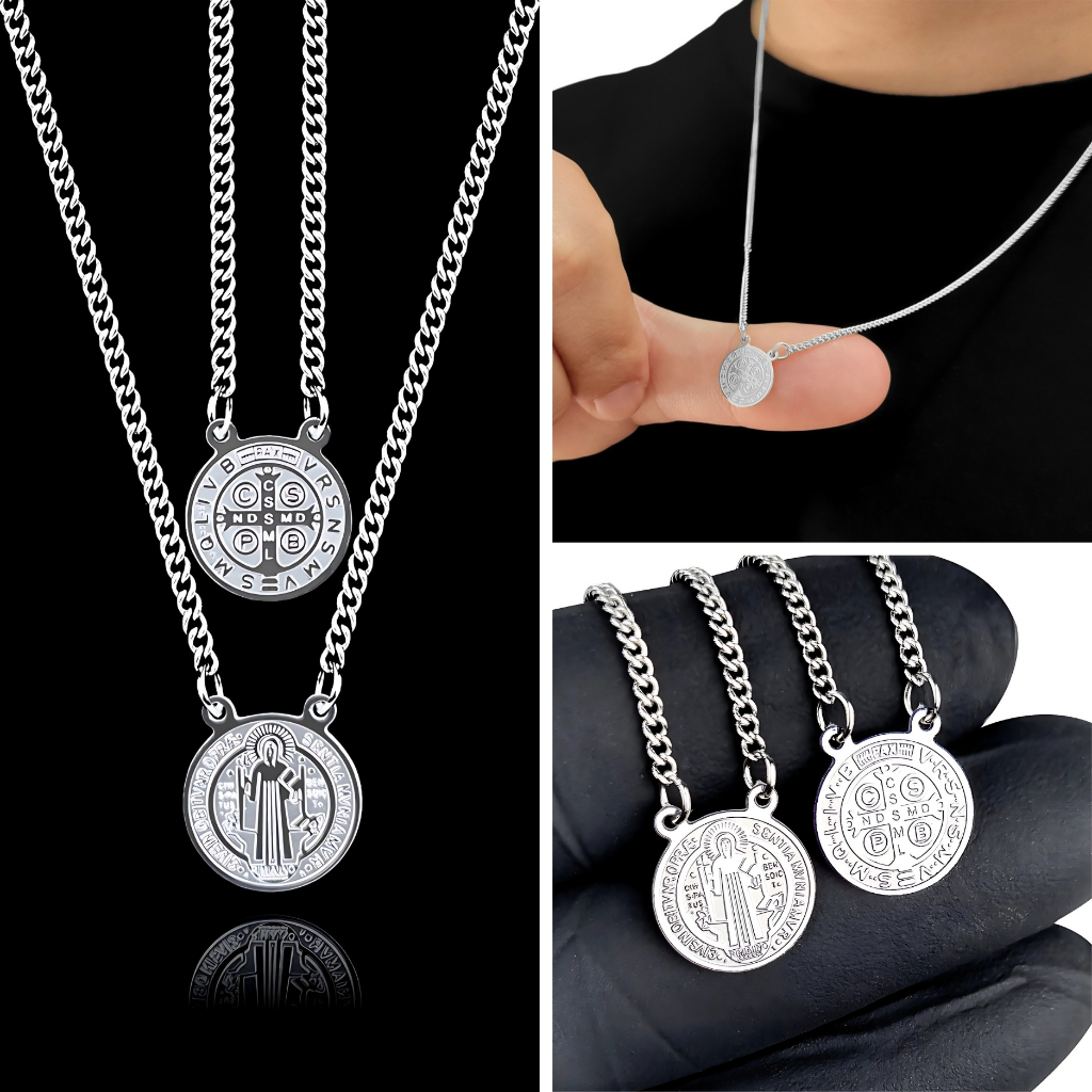 Correntinha Escapulário Aço Inox 316L Prata São Bento Masculina Feminino em Oferta na Shopee