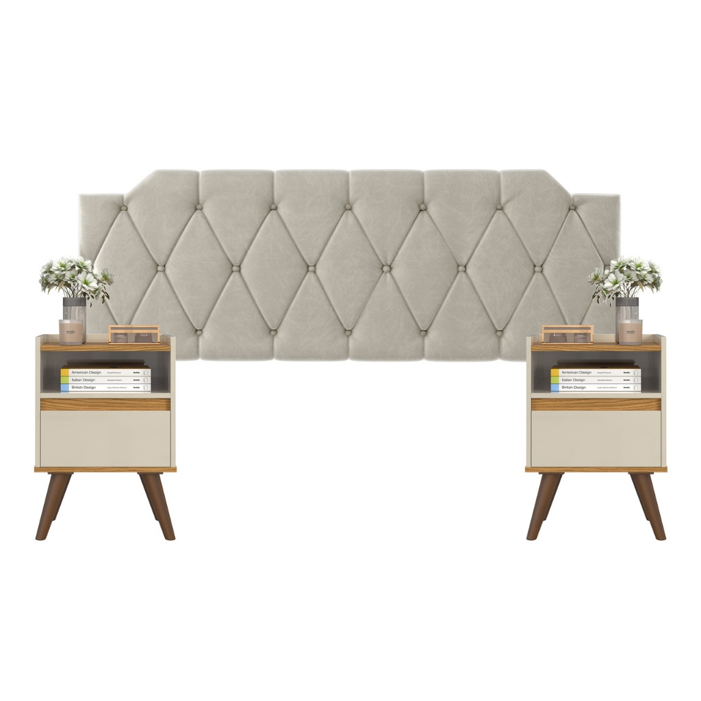 Conjunto Mesa De Cab Com Gaveta + Cabeceira Estofada Box Para Cama Queen