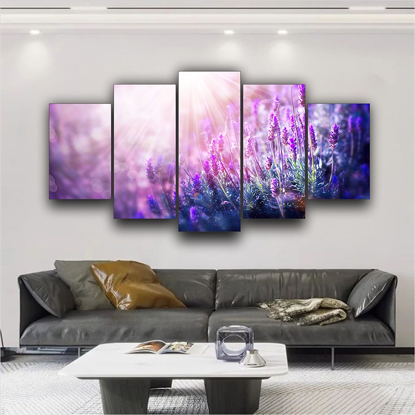 Quadro Decorativo Jardim Flor Lilás Paisagem Sala Quarto 5 PEÇAS