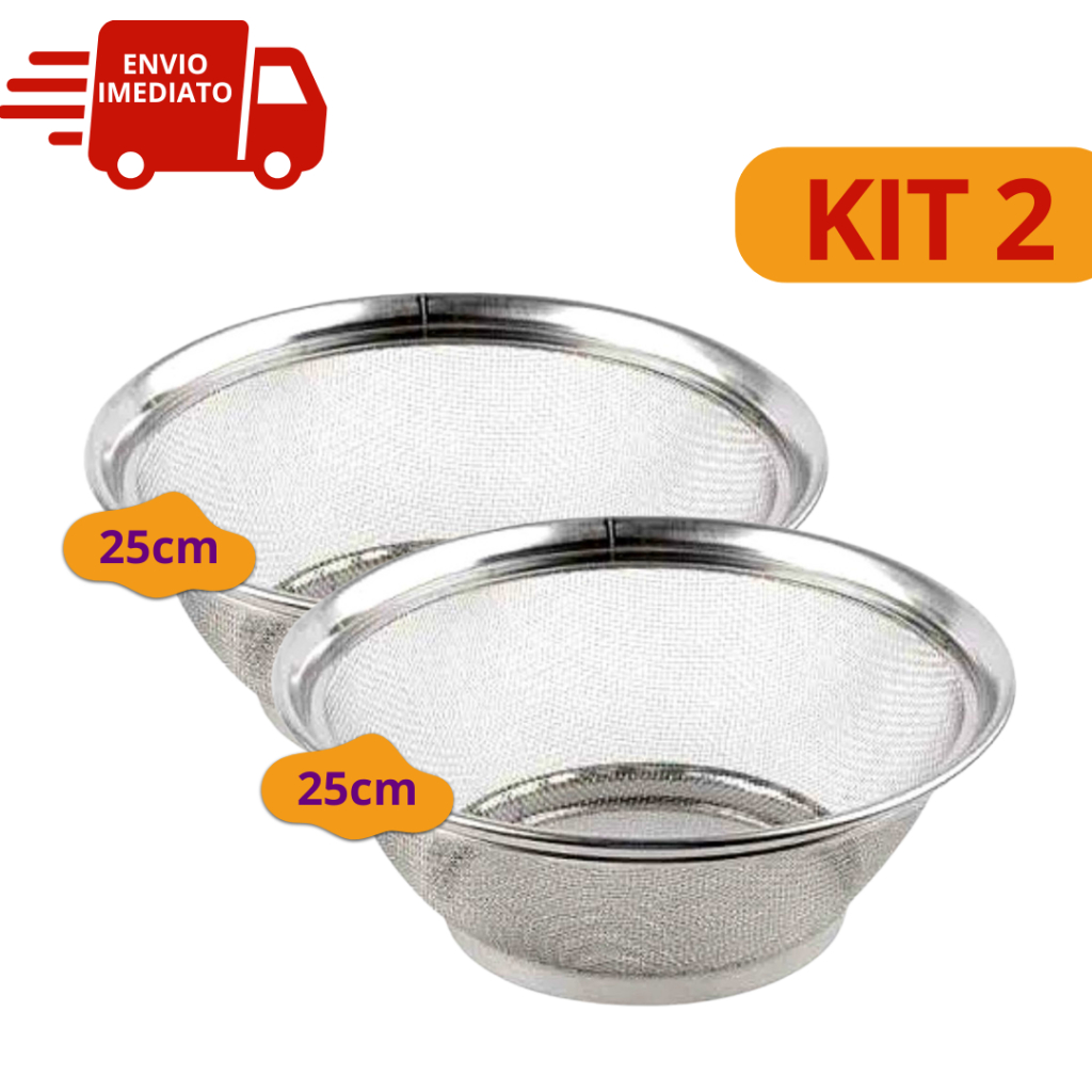 Kit 2 Cestas em Inox Escorredor Multiuso de 25m Escorrer Macarrão Legumes Arroz Fruteira Porta Ovos