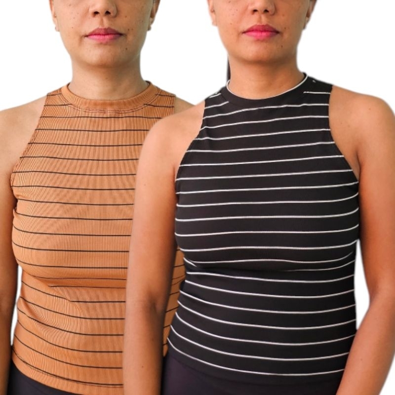 Blusa Regata Feminina Listrada Bicolor Old Money Ribana Canelado Blusa Básica com Listra Casual