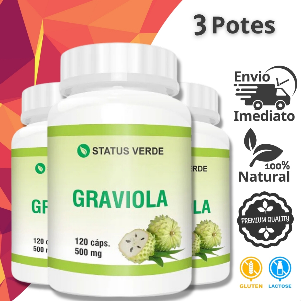 3 Potes Graviola Pura 100% Natural - Kit 360 Cáps de 500mg