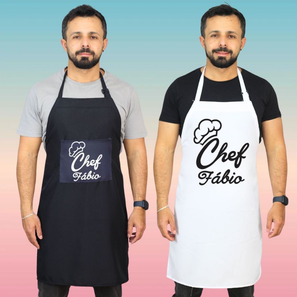 Avental Chef Nome Personalizado Estampado Preto Oxford Unisex em Oferta na Shopee