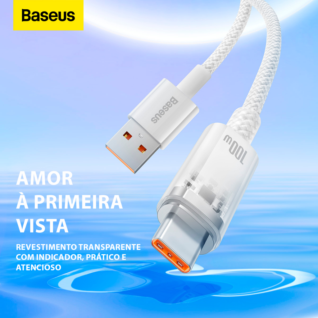 Baseus Cabo Usb Para USB-C Explorer Series Turbo 100W 1m Android iPhone 15 16 e Samsung - detalhe