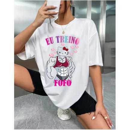 Camiseta Oversized Feminina Blusa De Academia Estampada Estilosa Eu Treino Fofo Blusão Feminino