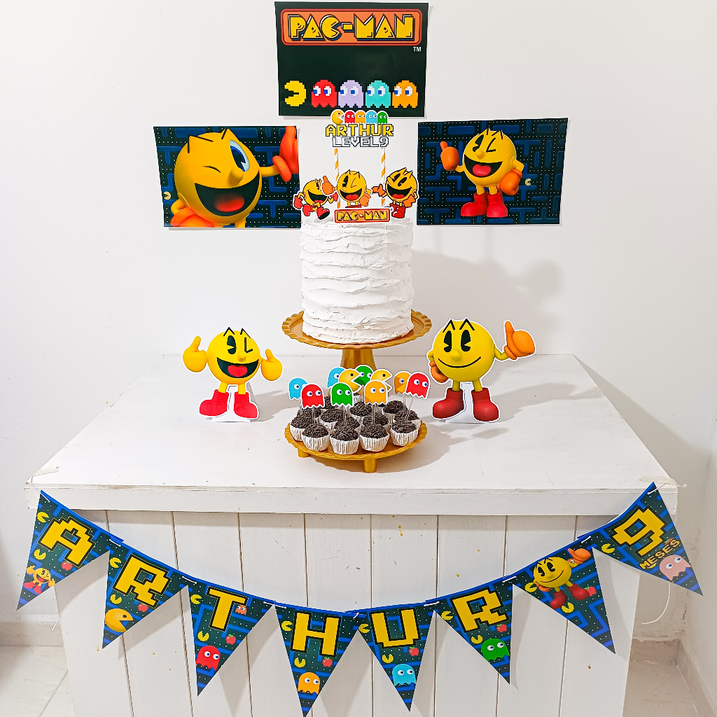 Kit Festa Pacman Personalizado | Só Um Bolinho | Festa em Casa | Aniversário Infantil adulto  Mesversário| lembrancinh