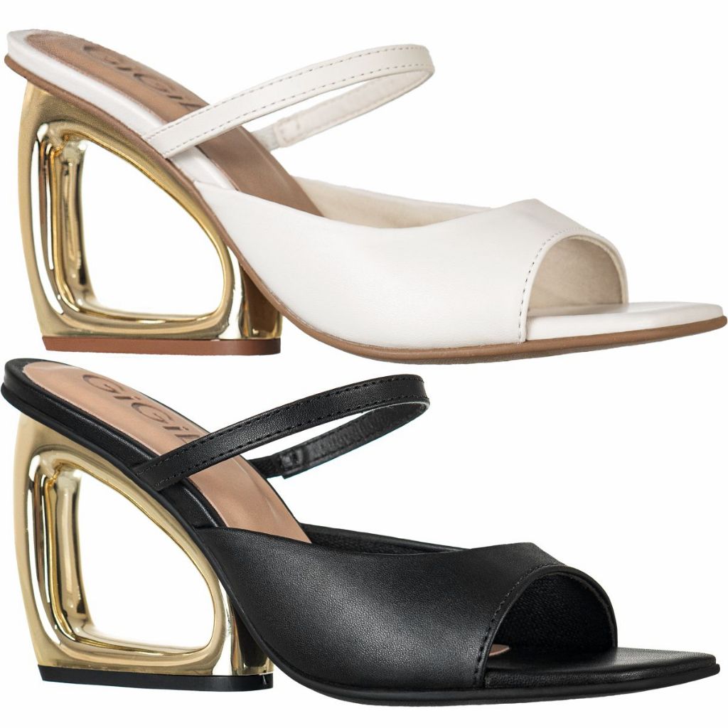 Sandália Tamanco Mule Feminino Salto Alto Metalizado Cromado Design Moda Elástico