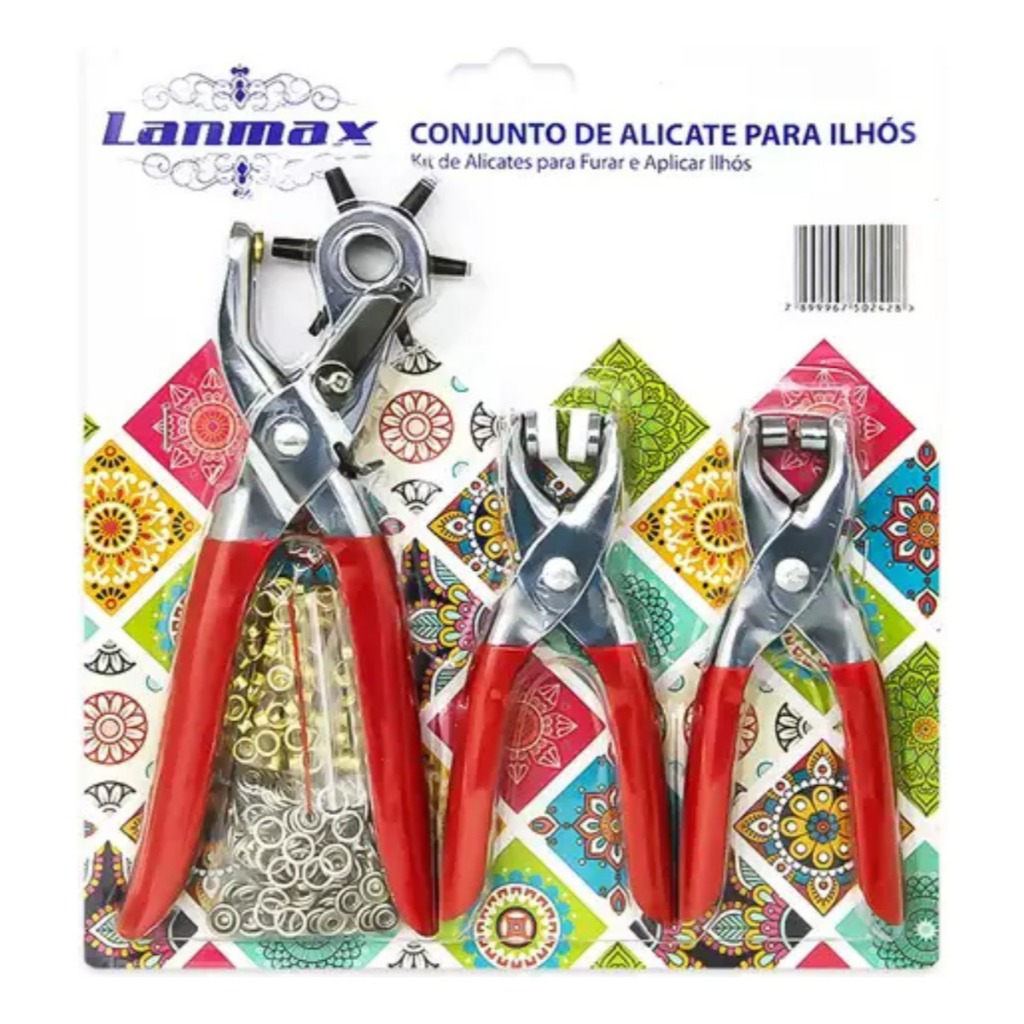 Alicates Aplicador De Ilhós Botões Pressão e Furador + Brindes Lanmax Conjunto Alicates Para Ilhóses