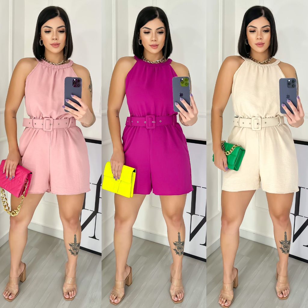 Macaquinho Feminino Tecido Duna com Cinto Macacão Casual em Oferta na Shopee