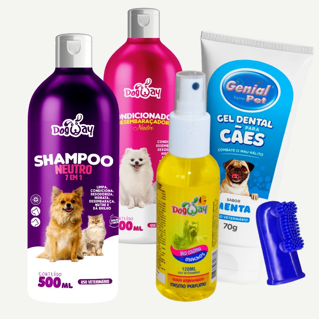 Kit Banho e Tosa Shampoo Neutro Condicionador Perfume Pasta de Dente Escova Bucal Caes e Gatos