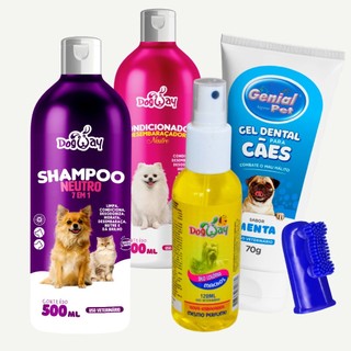Kit Banho e Tosa Shampoo Neutro Condicionador Perfume Pasta de Dente Escova Bucal Caes e Gatos