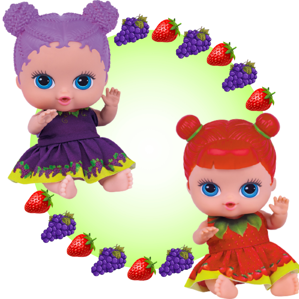 Kit Boneca Frutinhas Morango + Uva Cheirinho de Frutas Boneca para Bebes 18cm Cotiplás