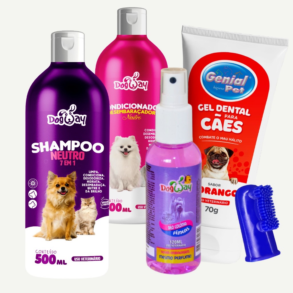 Kit Banho e Tosa Shampoo Condicionador Neutro Perfume Dog Escova de dente e Pasta Dental Cachorro gato em Oferta na Shopee