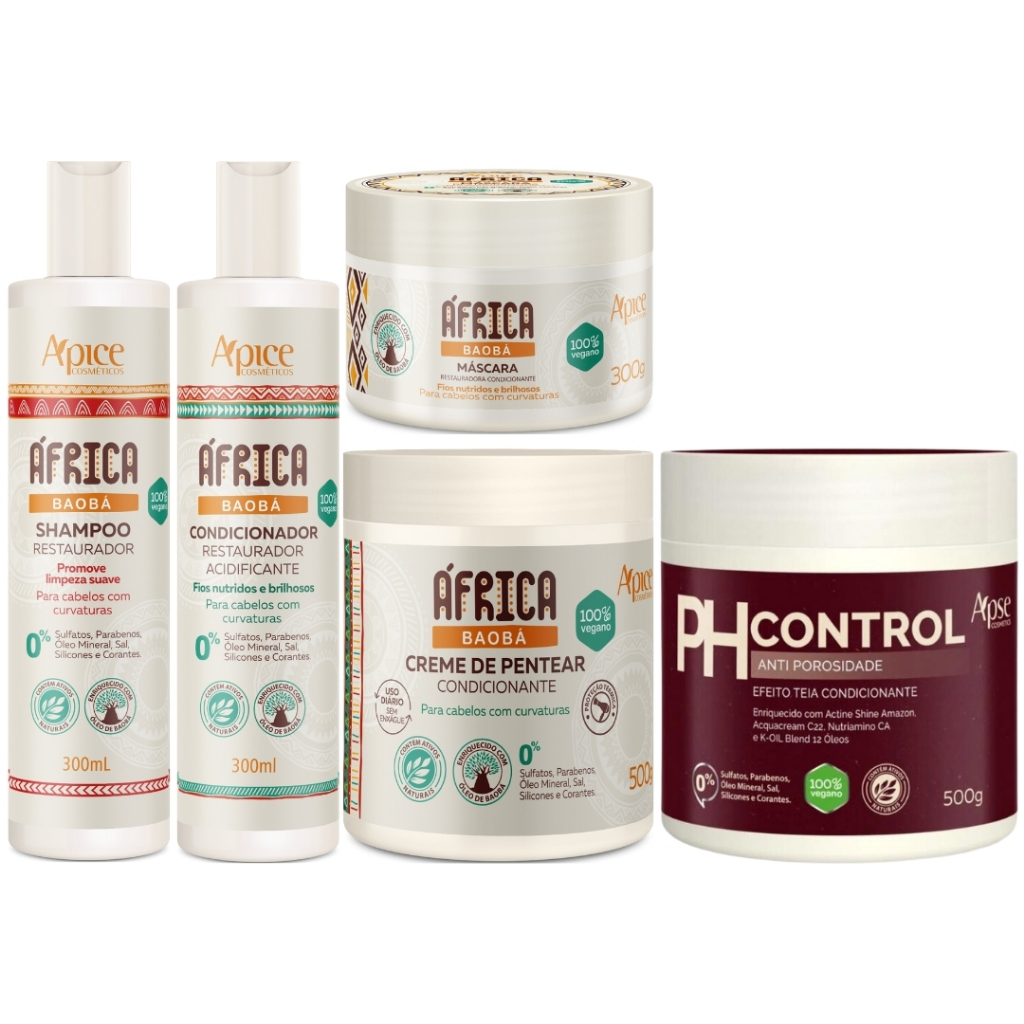 Kit Africa Baoba Apice Anti Porosidade Capilar 5 Produtos Completo Com Mascara Ph Control 280g