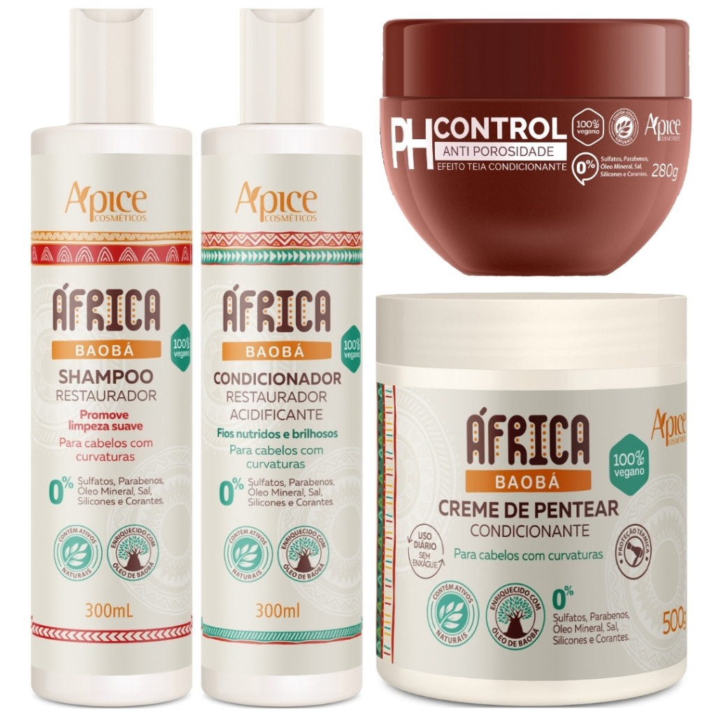 Kit Africa Baoba Apice Porosidade Shampoo + Condicionador + Creme Pentear + Mascara Ph Control 280g