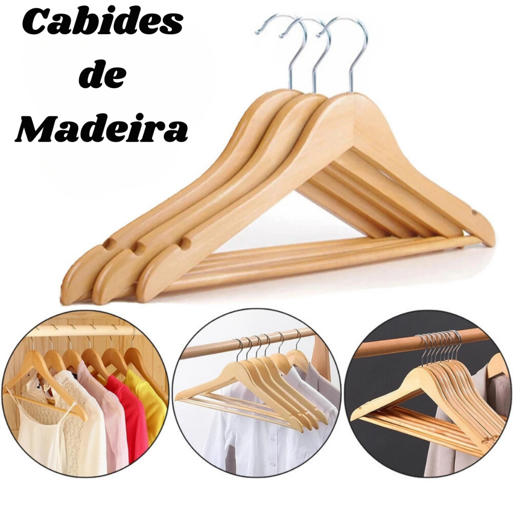 Cabide Roupa De Madeira Marfim com Verniz Kit com 3 ou 6 Unidades Loja Casa Closet Arara Porta Roupa