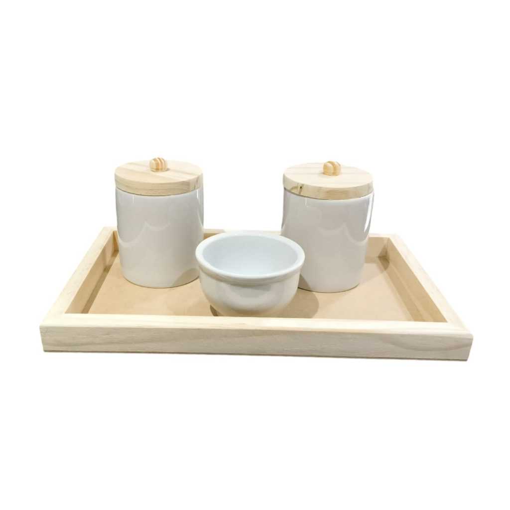 Kit higiene bebê porcelana pote G cotonete algodão molhadeira bandeja madeira menino menina 4 peças