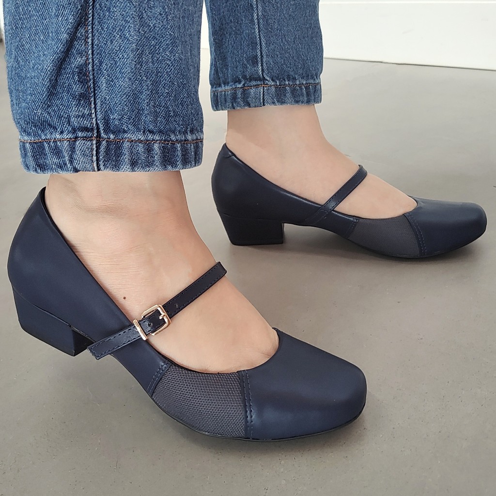 Sapato Conforto Firezzi Boneca Joanete Salto Baixo Azul Mary Jane