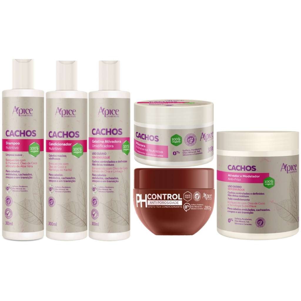 Kit Apice Cachos 5 Itens + Mascara PH Control Tratamento Capilar Completo Cabelo Vegano
