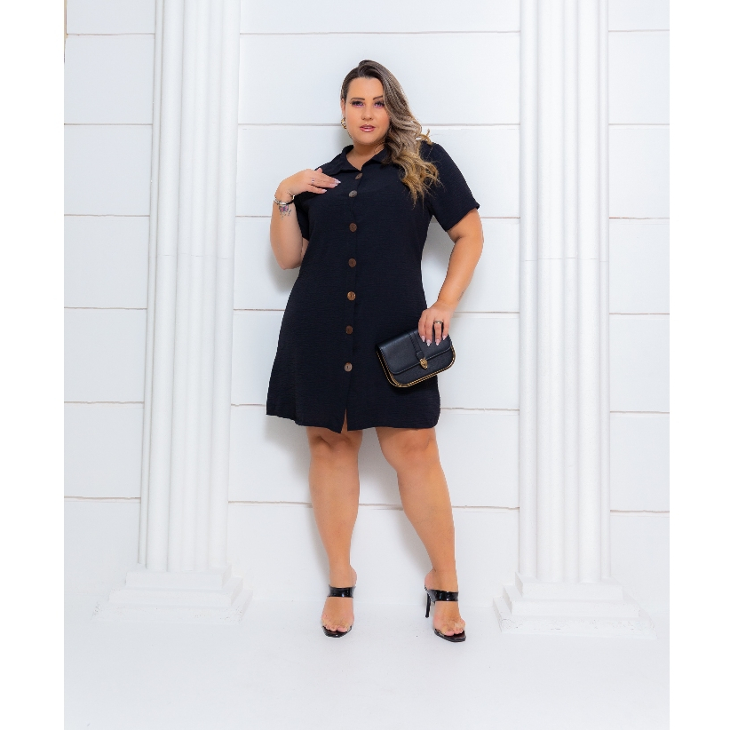Vestido Feminino Chamise Duna Plus Size Manga Curta Com Botoes de coco em Oferta na Shopee