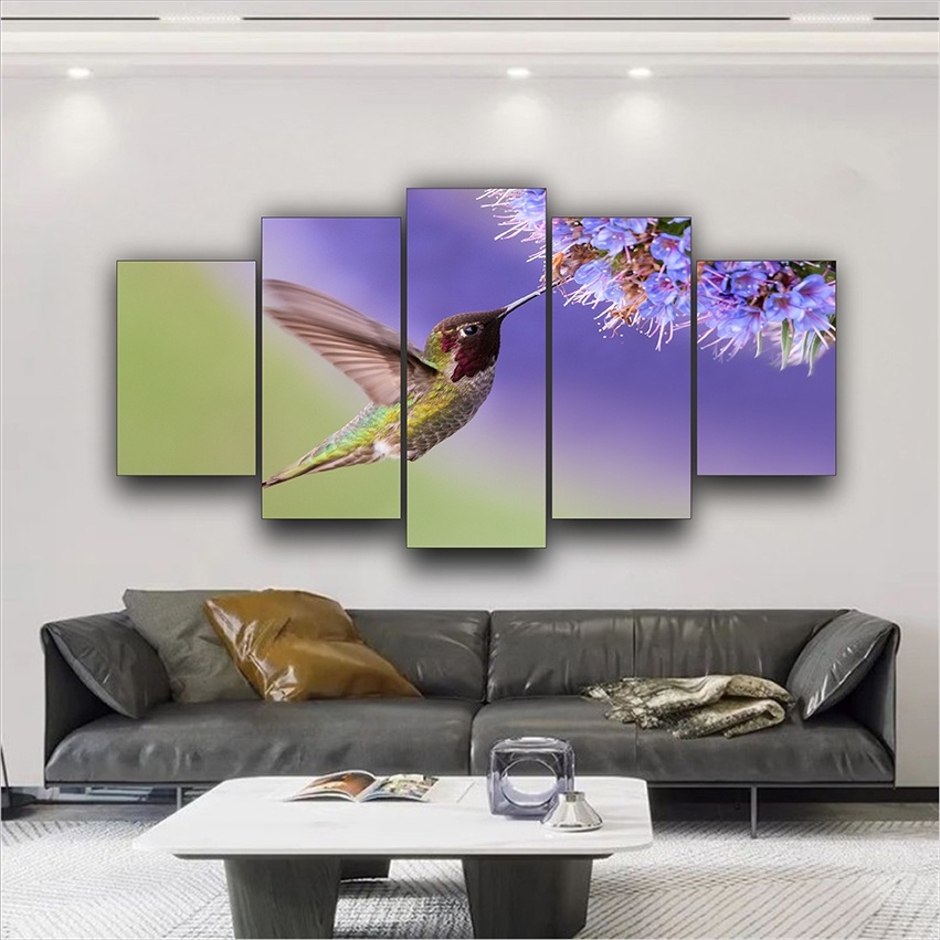 Quadro Decorativo Pássaro Beija Flor Paisagem Quarto Sala 5 PEÇAS