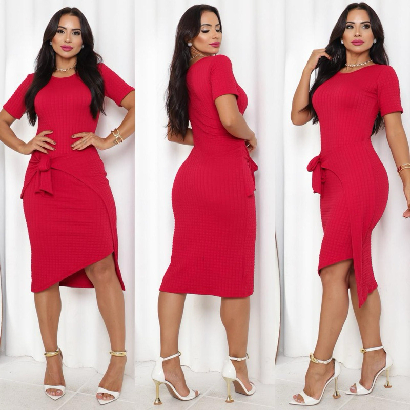 Vestido midi envelope manguinha sobreposição assimétrico casual