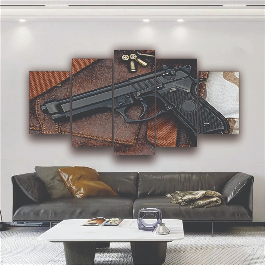 Quadro Decorativo Revólver Pistola Arma De Fogo Quarto Loja 5 PEÇAS