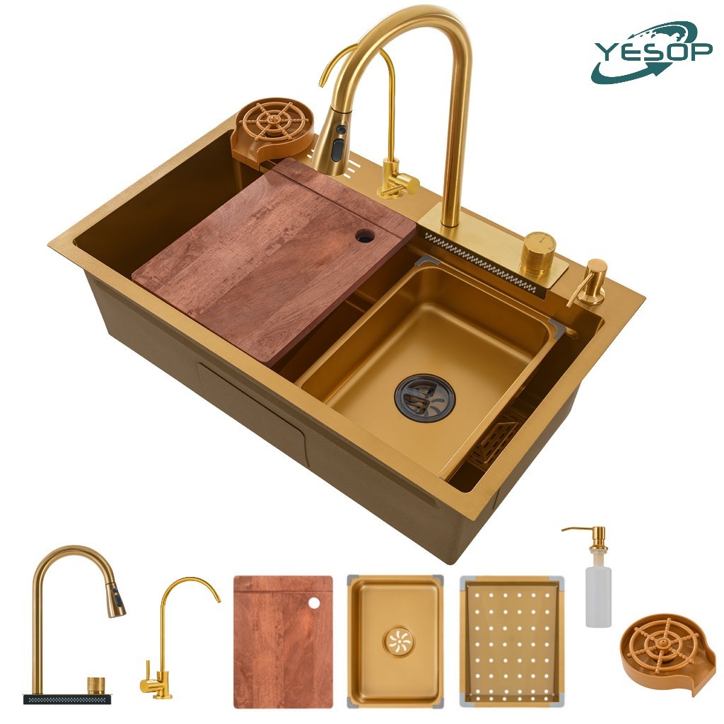 Cuba Quadrada Inox 75x45 Cozinha Gourmet Com Torneira Cor Dourada Yesop